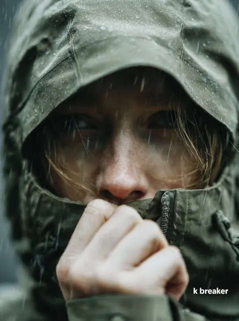 A close-up of a hand covering the mouth, wearing an olive green windbreaker with the hood and collar