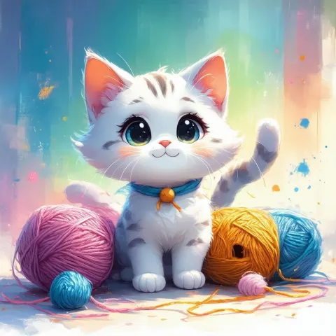 Yarn Loving Anime Cat in Vivid Color