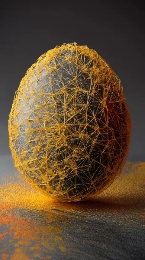 A conceptual photograph of a pysanka, where the geometric ornaments are made of floating golden wire