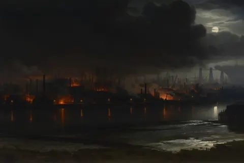 A distant nighttime view of the Isle of Dogs in the 1850s, seen from across the Thames