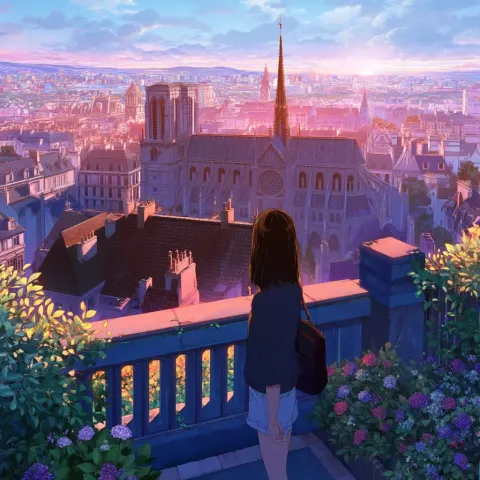 Overlooking a gothic city, horizon view, smooth Anime style, vibrant colours, charming atmosphere