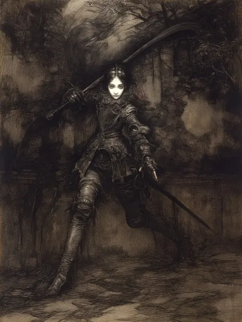 A full-body portrait of a tall, deadly blademaster undead lady; she is clearly dead