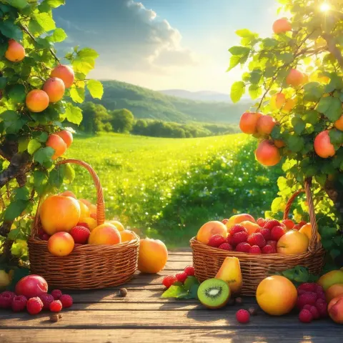 Sunlit Fruits in a Serene Realistic Landscape