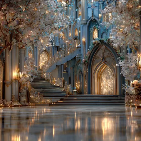 A grand blue and gold floral crystal castle, elegant structure decorated with blooming flowers