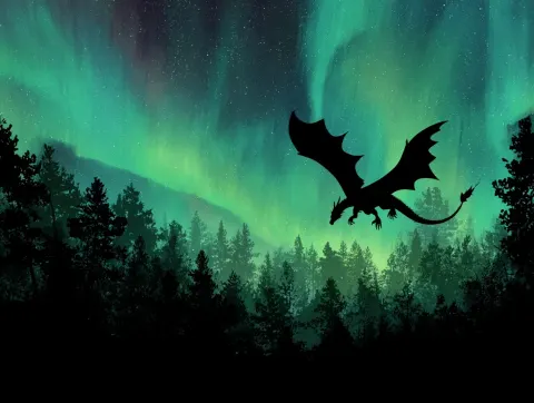 A green dragon flying over the forest, silhouette of the northern lights in the background