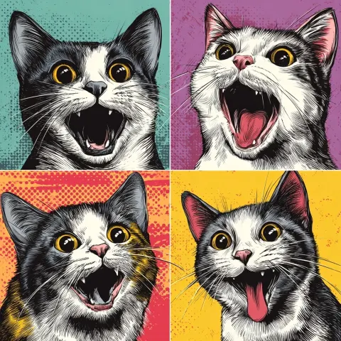 A grid of happy cats in the style of vintage pop art