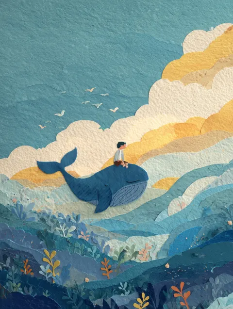 A handcrafted paper collage style illustration, a boy sit on the whale, layered paper textures