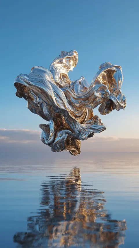 A highly detailed intricate chrome sculpture with dozens of flowing organic folds and twisted ribbon