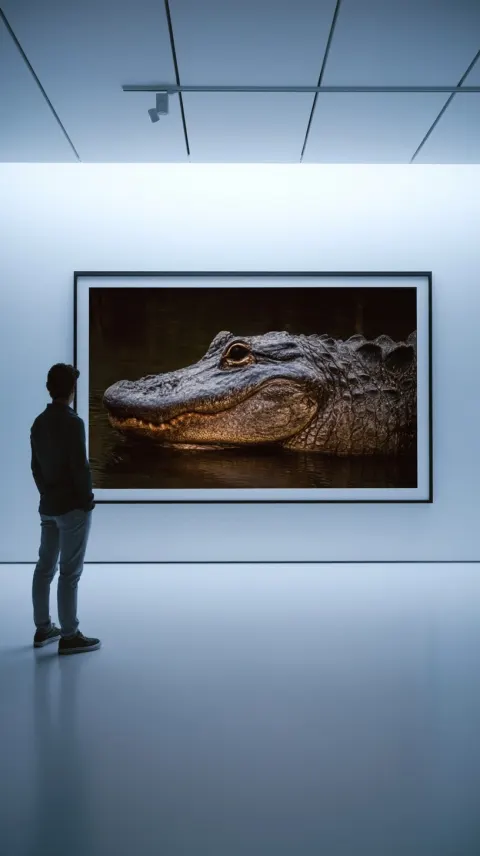 A large photograph of an alligator's head on the wall in an art gallery