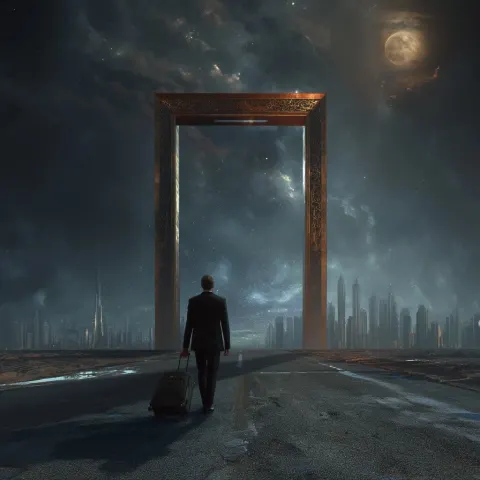 A man in a black suit pulling a suitcase, with the huge door of the dubai frame as the background
