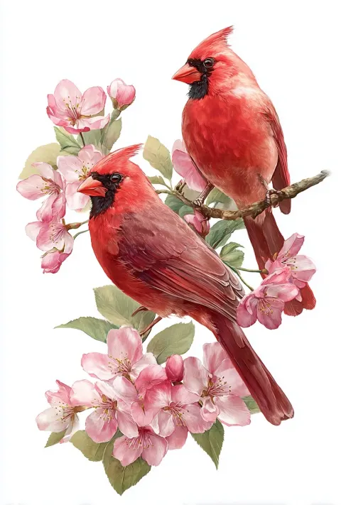 A pair of red cardinals perched on cherry blossoms, surrounded by delicate pink flowers and green le