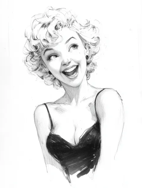 A Pencil drawing in black and white of a cute funny smiling open shoulders vivacious pin up girl in
