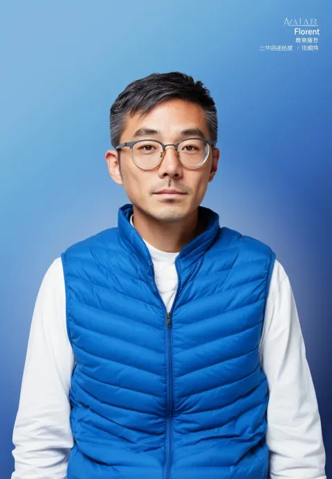 A photo of the company's white-collar employee, wearing glasses and a blue vest with a white shirt u