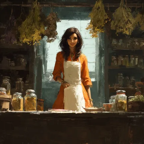 Realistic style, painterly, character art, beautiful woman, long brown hair, tan and orange kurta