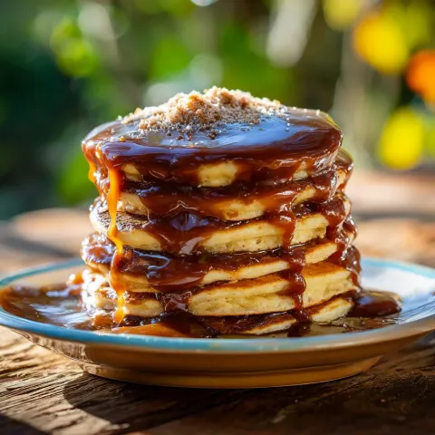 Pancake stack with thick Biscoff sauce dripping slowly over edges and pooling beneath
