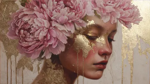 A portrait of a woman with pink peonies in her hair, wearing gold leaf makeup and glistening skin