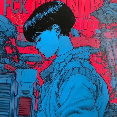 A red and blue colored poster of the movie "fck countr paints both", with the words written on it