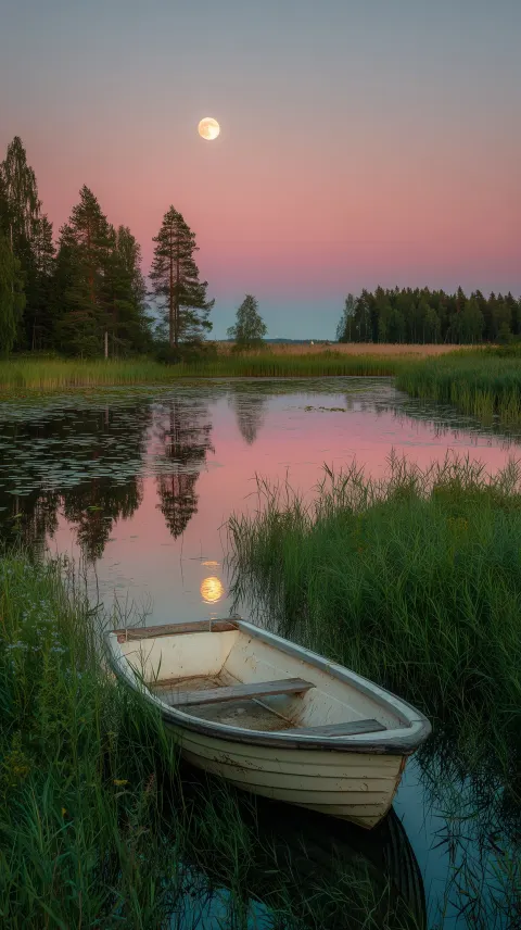 A serene summer night in the finnish countryside, with moonlight reflecting on water and lush greene