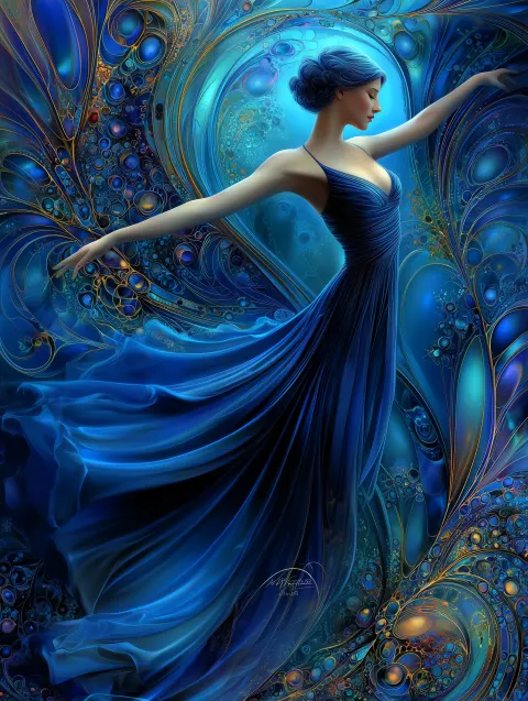 A serene woman floats gracefully in a vibrant aquatic scene. Her body is relaxed