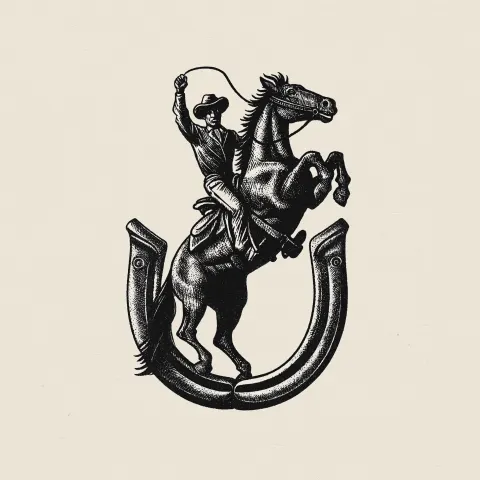 A vintage matchbox style illustration, a cowboy throwing a lasoo on top of a large horse shoe
