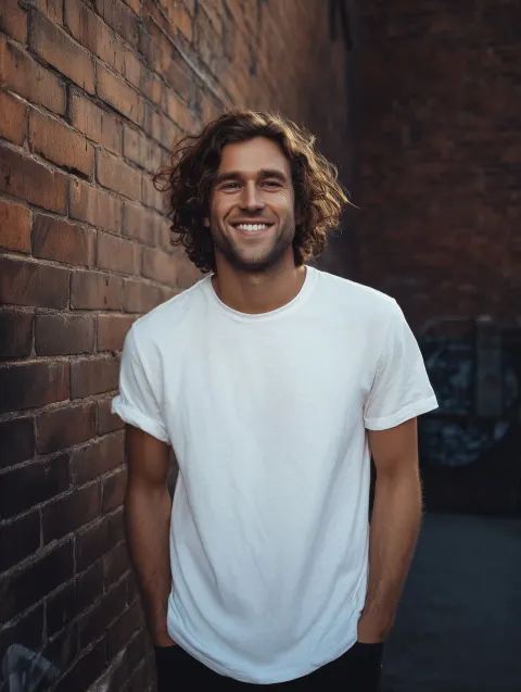 A smiling handsome indie male wearing a pressed crease free plain white t-shirt, mid-length hair