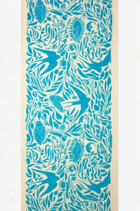 A vertical stencil design. The composition features silhouettes of flying swallows