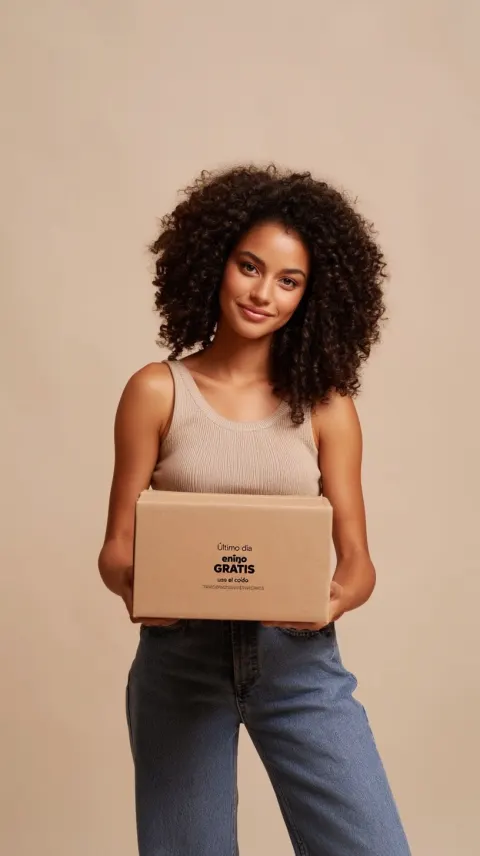 Mujer contemporánea sosteniendo una caja de envío ecológica con actitud decidida y ligera sonrisa