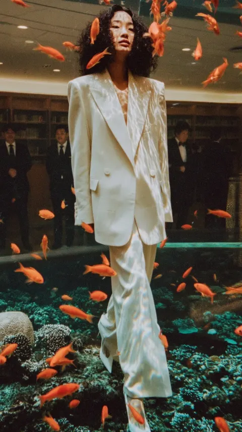 A vogue-style photoshoot of an asian super model with curly hair
