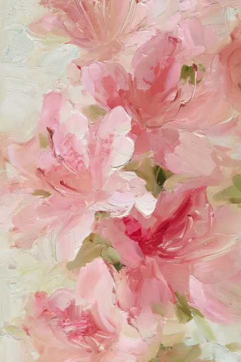 An impressionistic macro painting of pink azaleas. The brushwork is confident and visible thick