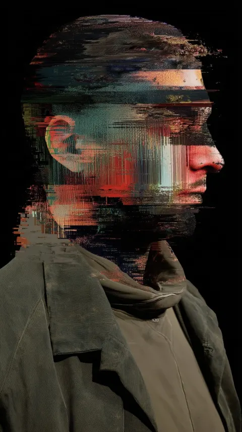 An adult male with a head in the style of glitch art, showing effects such as VHS damage
