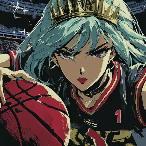 Anime-style illustration of a basketball baller girl, wearing a regal empire outfit