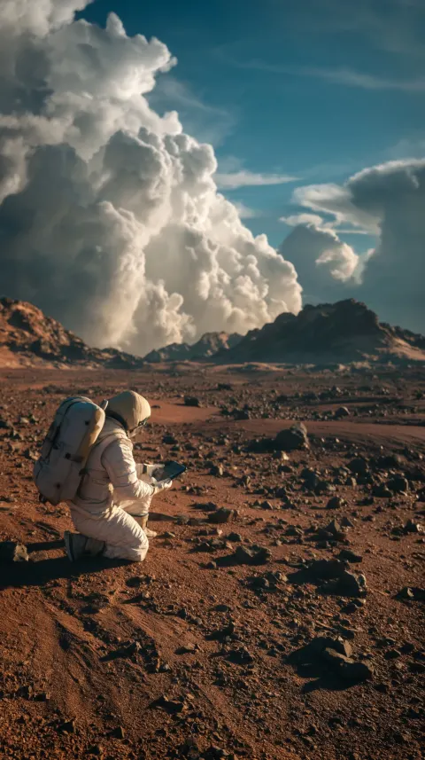 Astronaut kneeling on Kepler-452b surface, examining rocky silicate ground