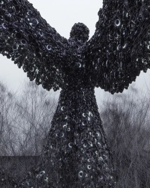 Biblically accurate tech seraphim angel, made of Nikon camera parts