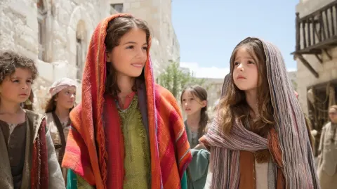 Bright realistic Jewish legend for children, saturated palette, luminous daylight, vivid garments