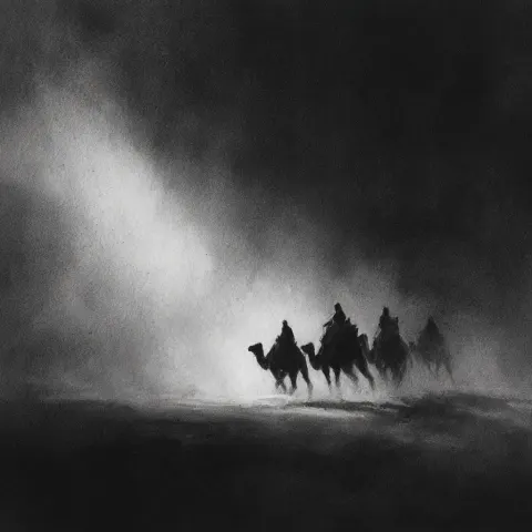 Black and white charcoal sketch of arabian desert, with a few camels and their riders traveling in t