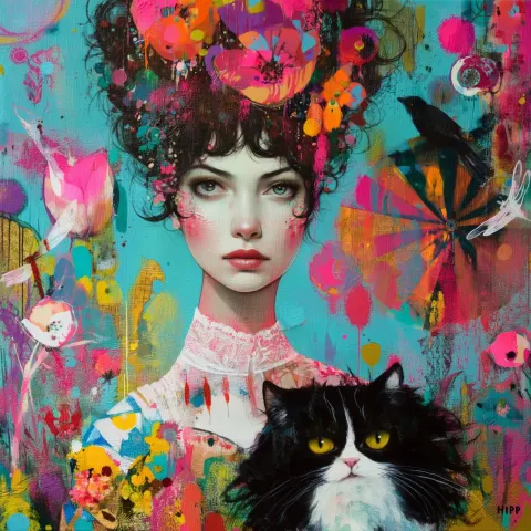 By Yvonne Coomber by Dan Hipp. peinture représentant une femme et son chat.
