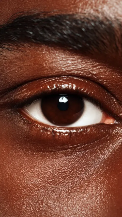 Extreme macro eye portrait, Afro-Caribbean subject with deep brown iris, tight crop filling frame