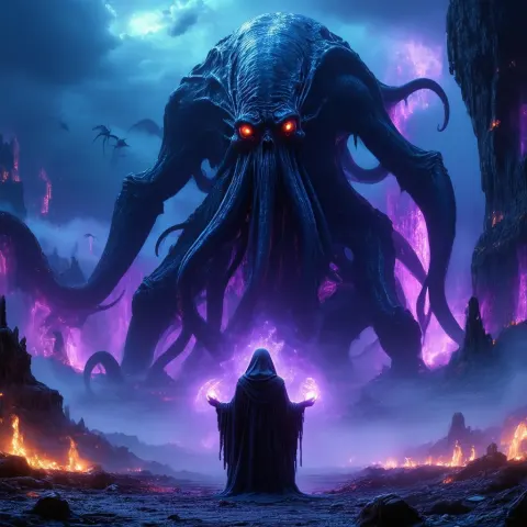 Necromancer Ritual Before a Colossal Cthulhu