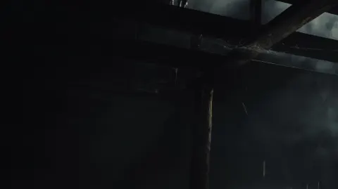 Cinematic dark western horror scene, old saloon ceiling rafters and upper beams in smoky darkness