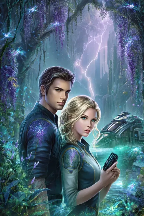 Cinematic sci-fi romance novel cover, A storm-raked alien moon covered in glowing bioluminescent jun