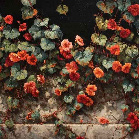 Crawling vines of coral and terracotta flowers and leaves, painted by alpay efe and cear_9