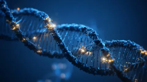 Close-up of DNA wrapped around histone proteins, subtle golden molecular markers attached
