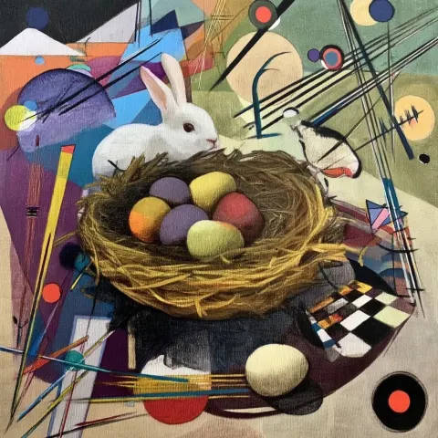 Create an easter card in the style of wassily kandinsky and Da vinci