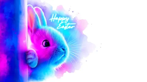 Cute bunny peeking from behind a wall, vibrant neon watercolor illustration