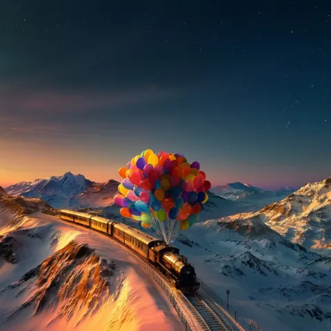 Luxury editorial campaign: train delivering a balloon bundle over snow mountains. Brand: . Lighting: