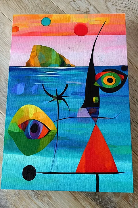 A a tiny island and other elements on it painted in beksińskis and Joan Miro style with some surreal