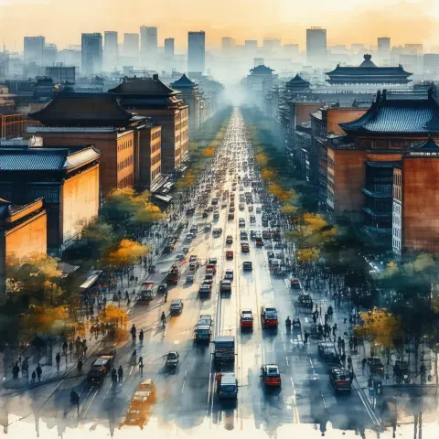 Downtown Beijing Sunrise in Detailed Ink Wash