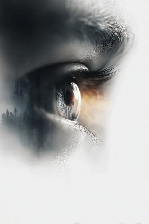 Double exposure silhouette of a human eye, clean and minimal form
