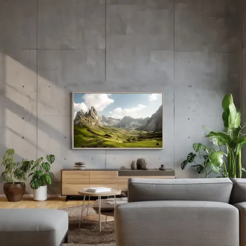 Ein modernes Wohnzimmer mit einem sehr flachen, filigranen und an der Wand hängenden Samsung Frame T
