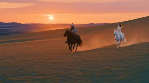 Epic, cinematic wide-angle shot of a heroic figure in detailed Genghis Khan armor riding a powerful